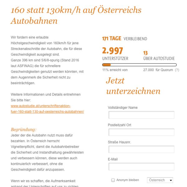  Onlinepetition fordert: 160 statt 130 km/h!